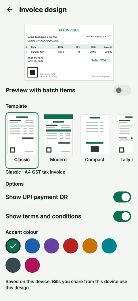 Choose invoice design and colour